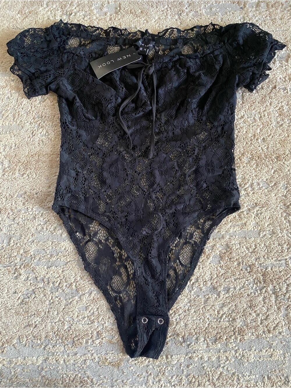 New Look NWT Black Sheer Lace Off-Shoulder Bodysuit Short Sleeve: 10